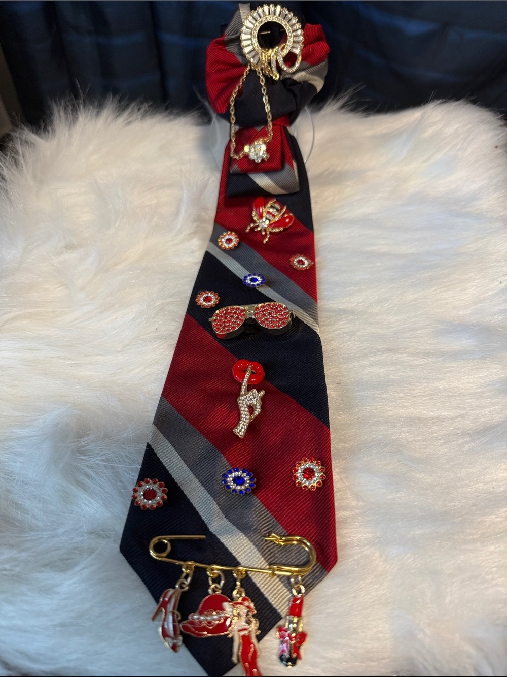 Junk Tie Red and Navy Striped Accessory Tie with Gold Charms
